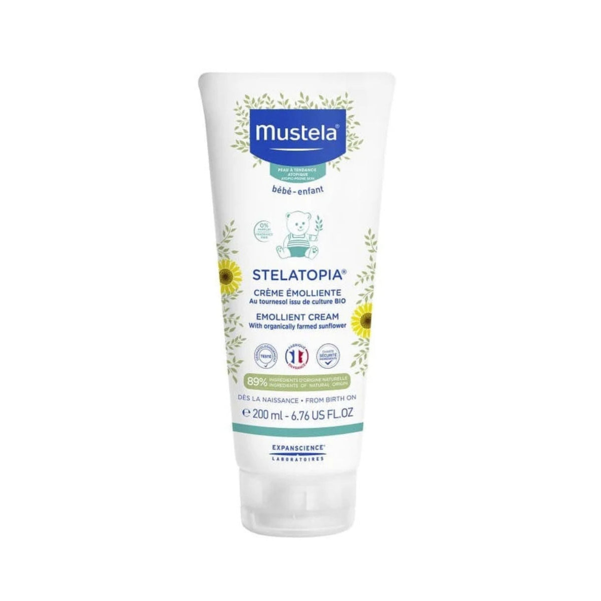 Refect Beauty Mustela Stelatopia Emollient Cream for eczema-prone skin in a 200ml white squeeze tube with floral design