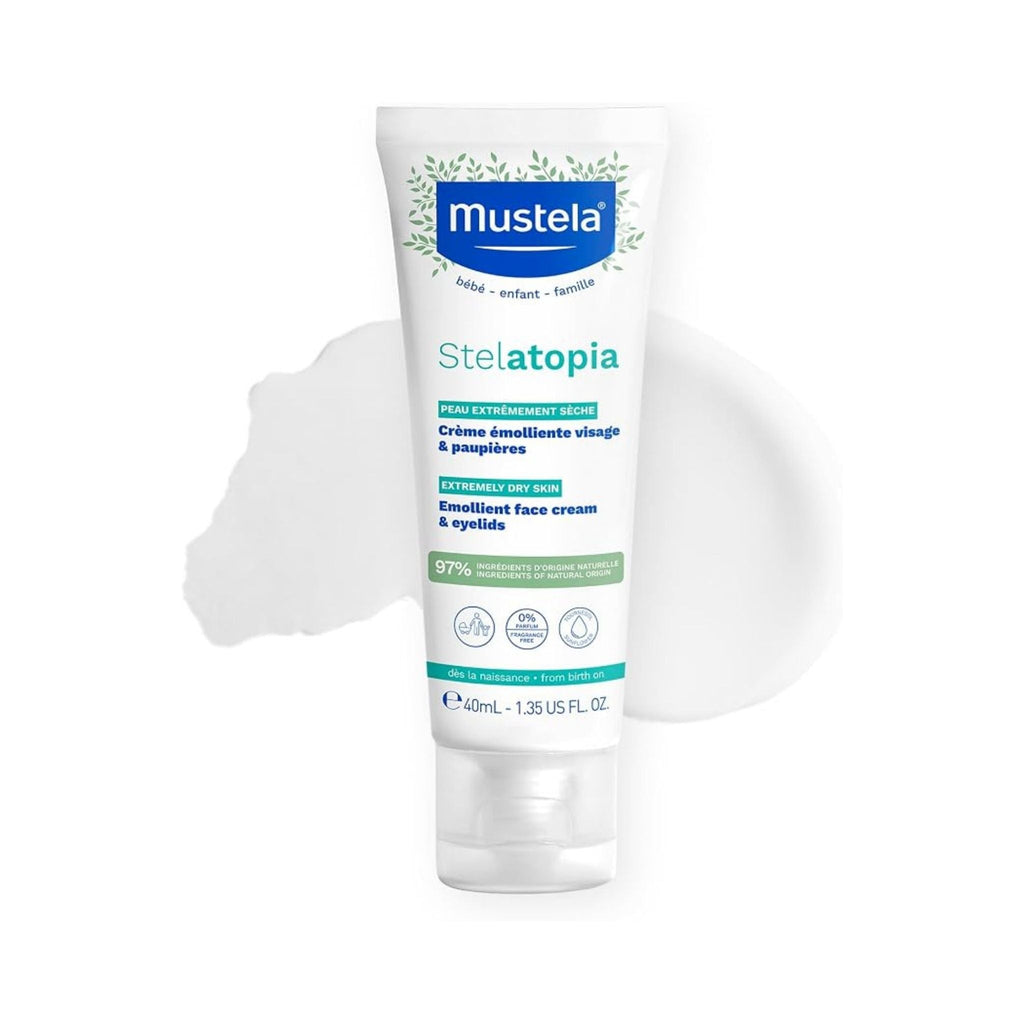 Refect Beauty Mustela Stelatopia emollient face cream for babies with eczema-prone skin in a 40ml squeeze tube.