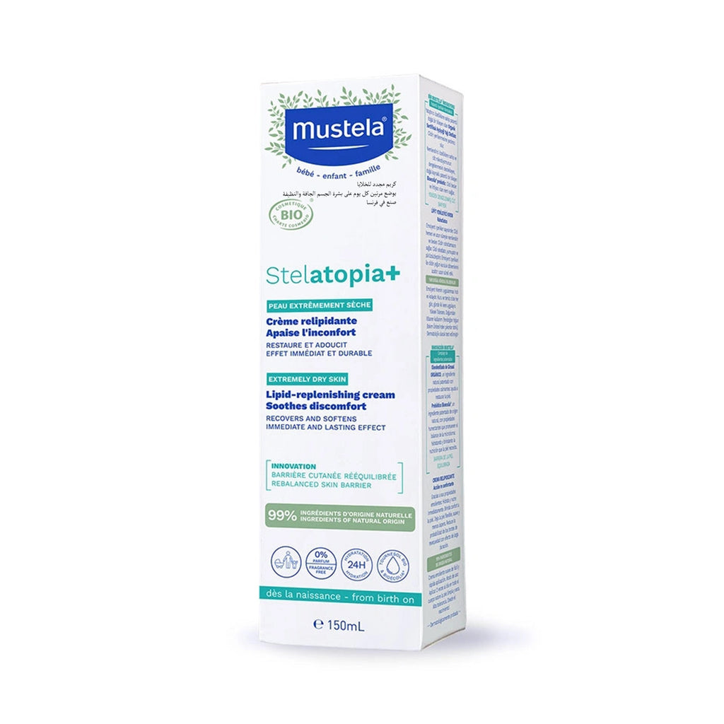 Refect Beauty Mustela Stelatopia+ lipid-replenishing cream for extremely dry, eczema-prone baby skin in a 150ml tube.