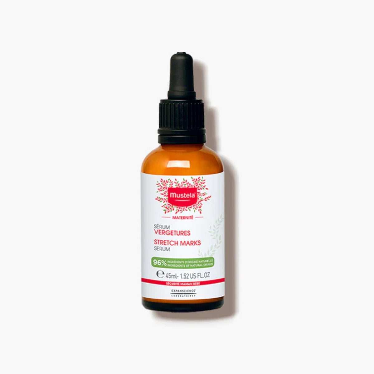 Refect Beauty Mustela Stretch Marks Serum in an amber glass bottle with a black dropper cap for targeted application.