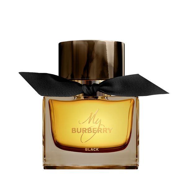 Refect Beauty My Burberry Black Eau de Parfum in a glass bottle with a black ribbon and dark amber liquid.