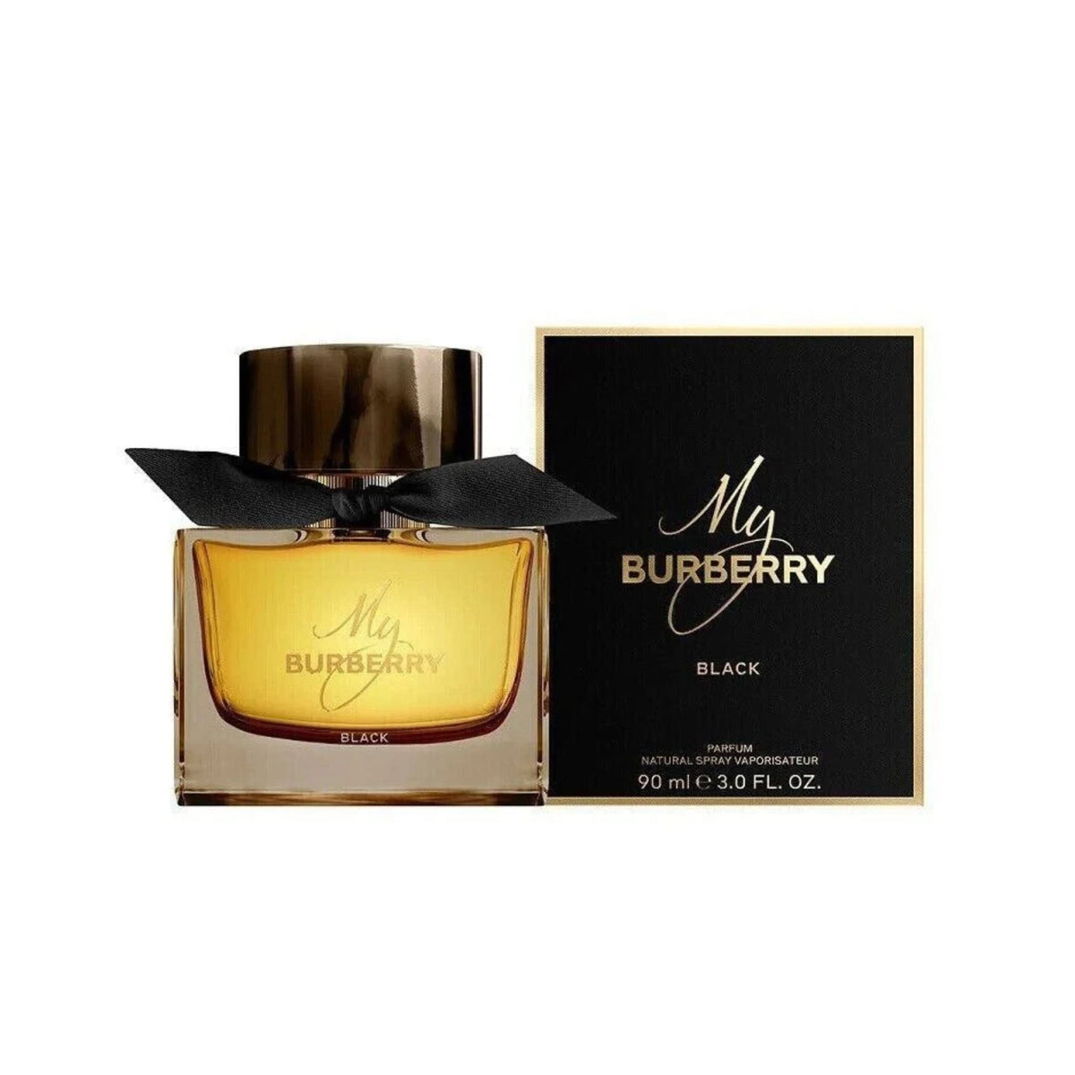 Refect Beauty My Burberry Black Eau de Parfum bottle with a black ribbon and matching black gift box packaging.
