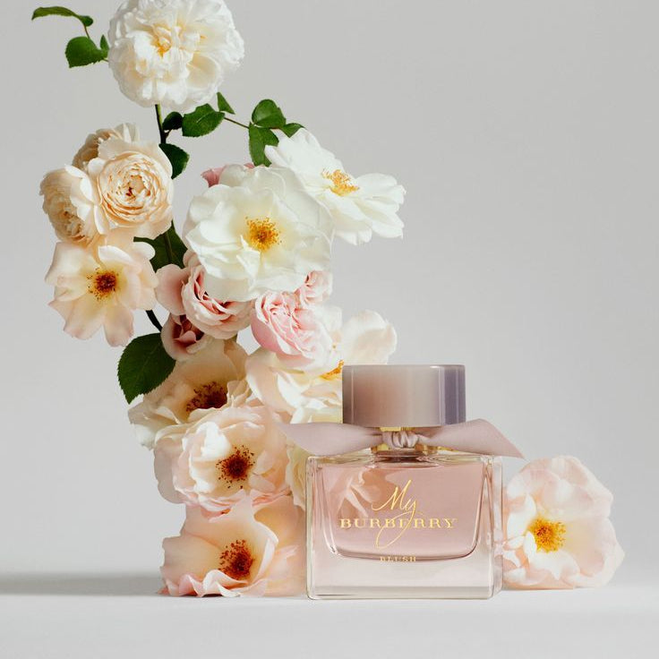 Refect Beauty My Burberry Blush Eau de Parfum bottle with a pink ribbon, surrounded by delicate blooming roses.