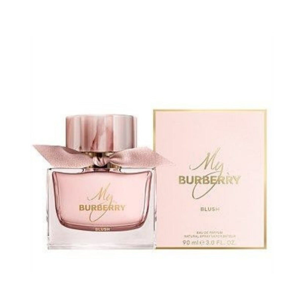 Refect Beauty My Burberry Blush Eau de Parfum in a pink glass bottle with a ribbon next to its matching box