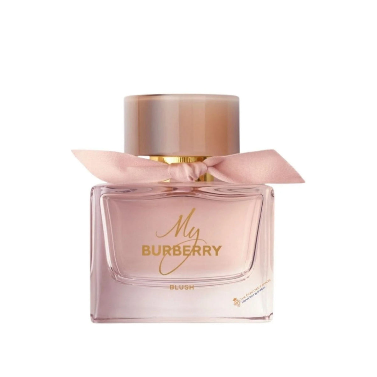 Refect Beauty My Burberry Blush Eau de Parfum in a pink glass bottle with a matching ribbon and beige cap.