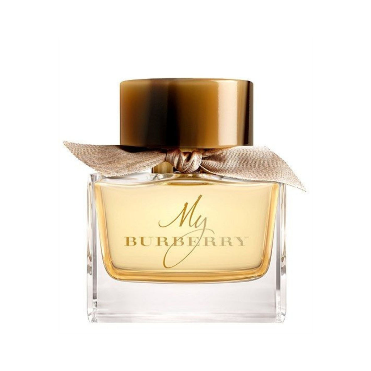 Refect Beauty My Burberry Eau de Parfum in a clear glass bottle with a signature gabardine ribbon and brown cap.