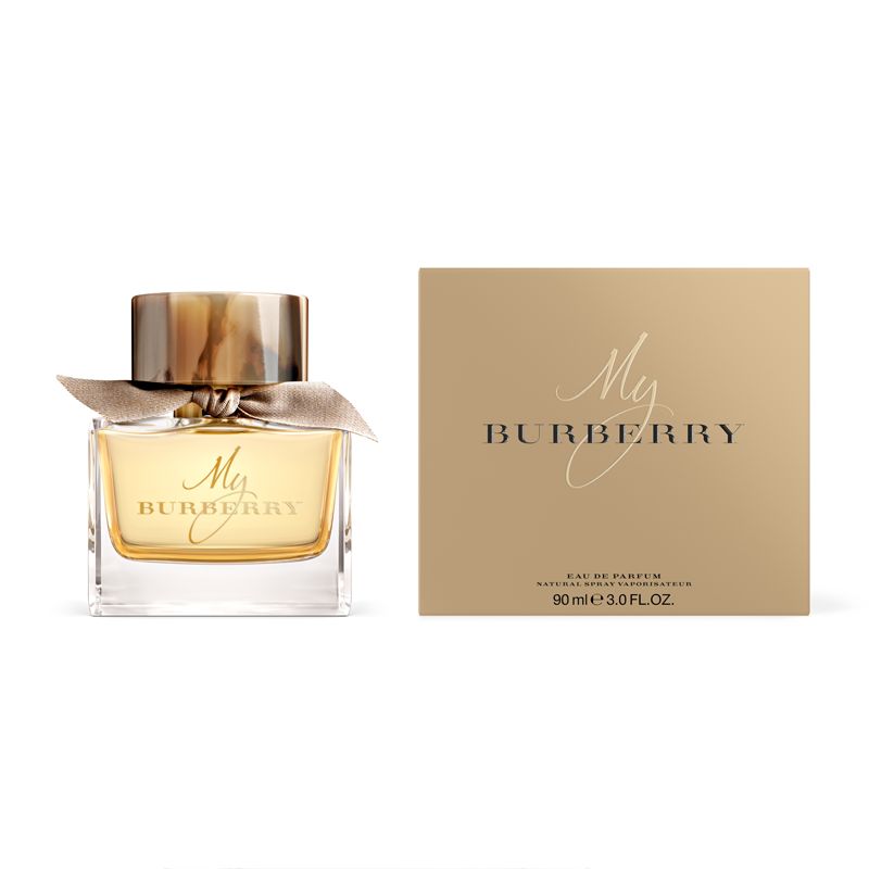 Refect Beauty My Burberry Eau de Parfum bottle with a beige ribbon and its matching gold presentation box