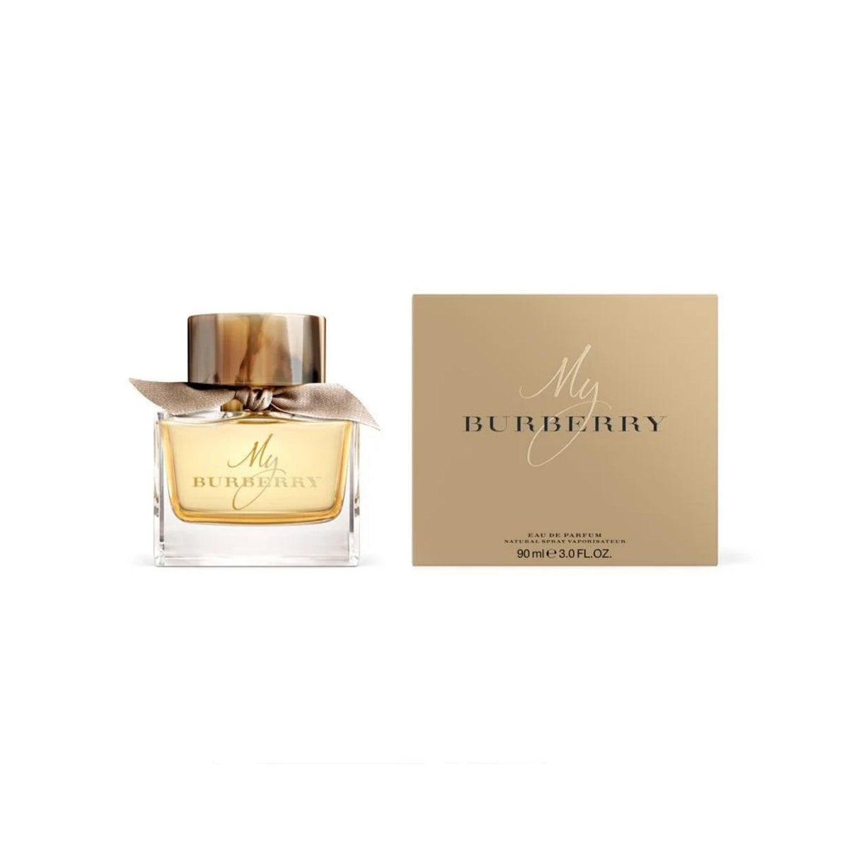 Refect Beauty My Burberry Eau de Parfum bottle with a beige ribbon and matching gold presentation box.