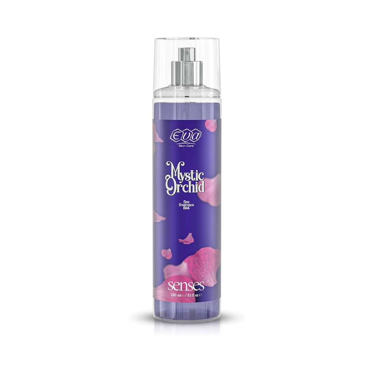 Refect Beauty Eva Senses Mystic Orchid body splash in a purple spray bottle with floral orchid petal graphics