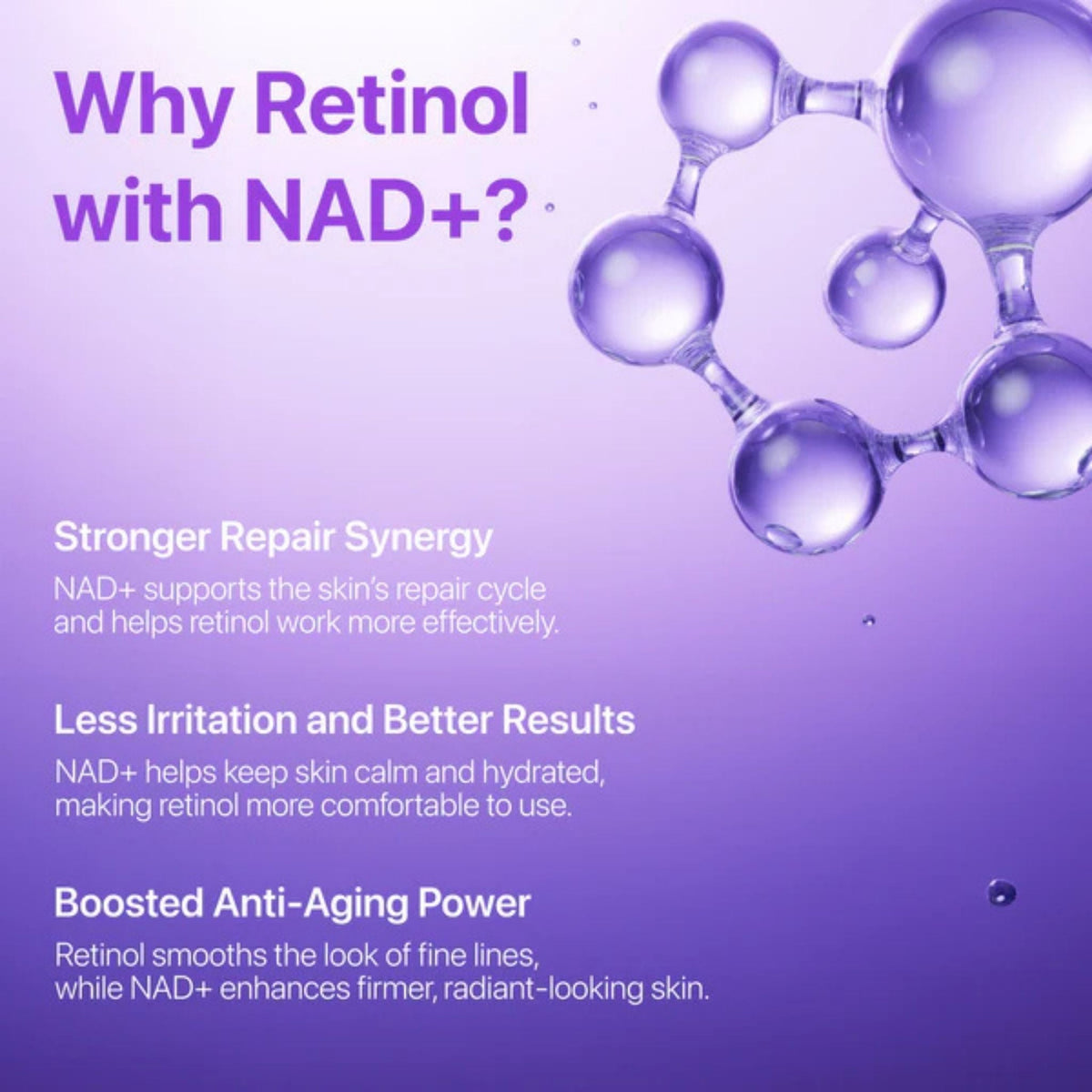 Refect Beauty infographic explaining the anti-aging benefits of NAD+ and retinol for skin repair and wrinkle reduction.