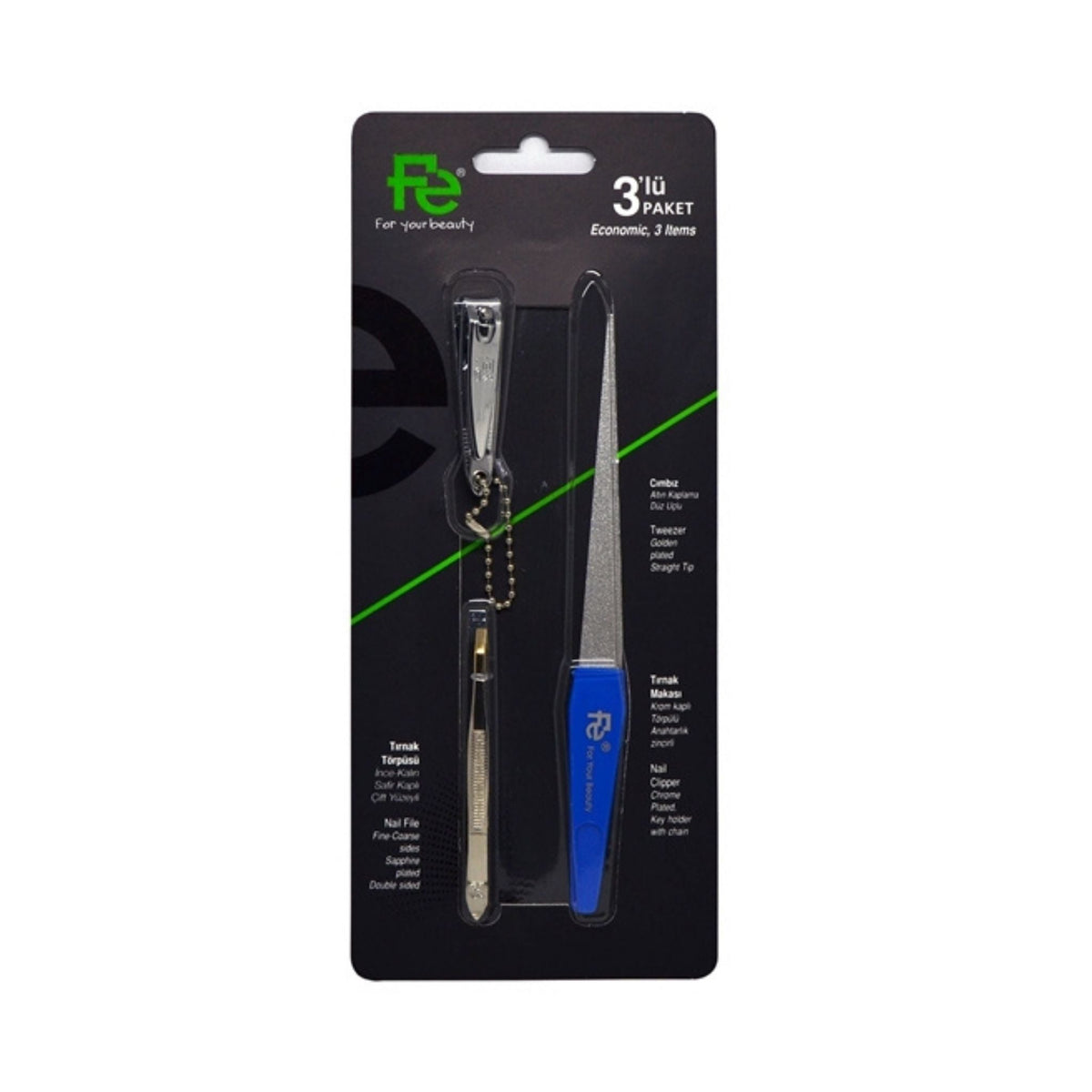 Refect Beauty Fe 3-piece nail care set featuring a nail clipper, tweezer, and sapphire-coated nail file on a card.