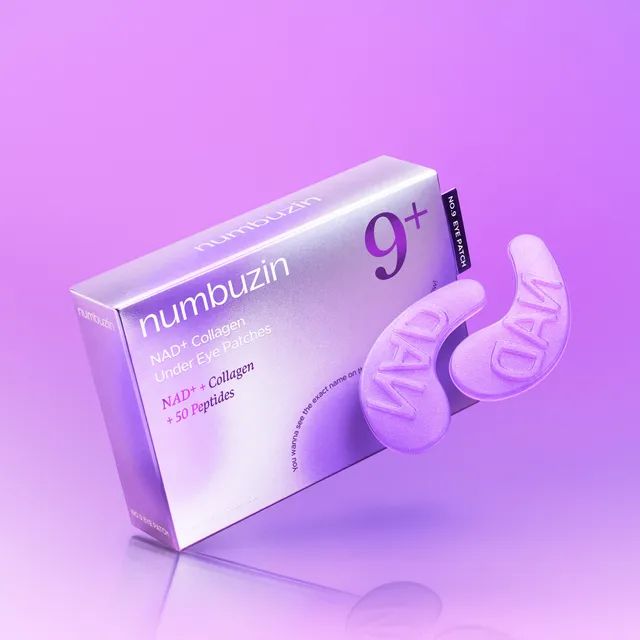 Refect Beauty Nambuzin No.9 collagen under eye patches in purple packaging with two hydrogel patches floating nearby.