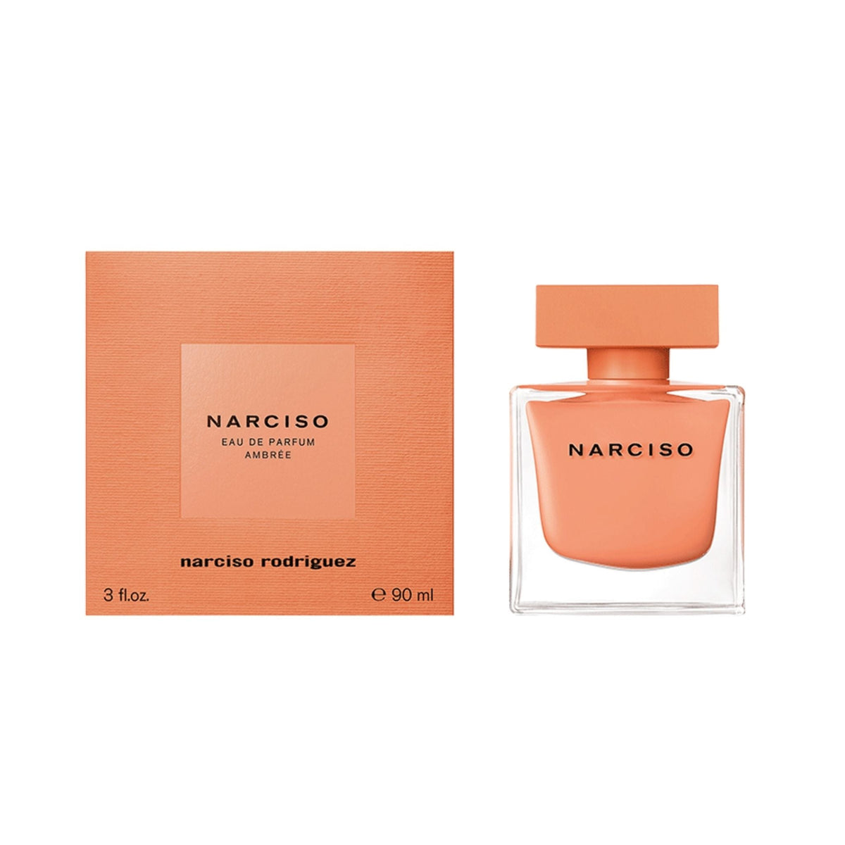 Refect Beauty Narciso Ambree Eau de Parfum bottle and matching peach-colored box on a white background.