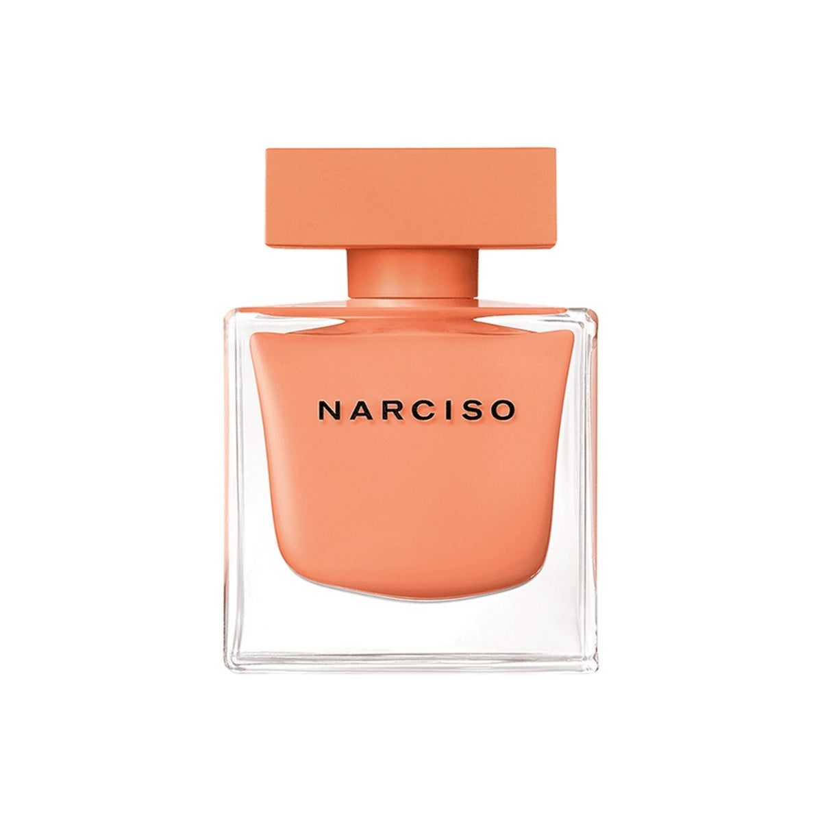 Refect Beauty Narciso Ambree Eau de Parfum in a square glass bottle with a soft peach-colored cap and liquid.