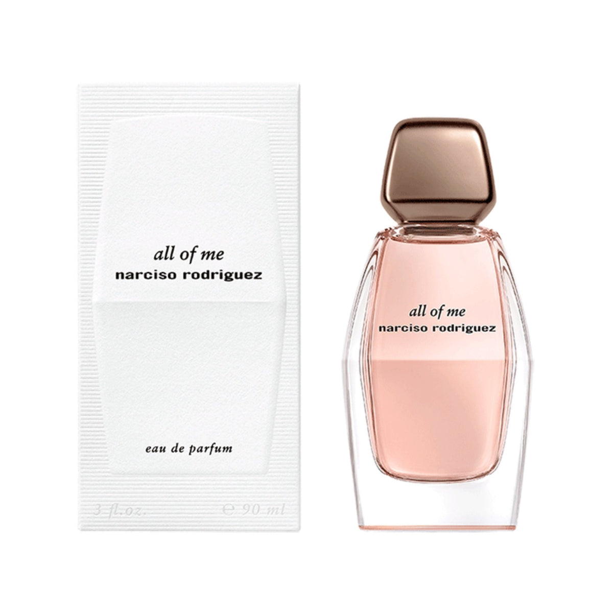 Refect Beauty Narciso Rodriguez All Of Me Eau de Parfum bottle and white textured box featuring a soft pink fragrance.