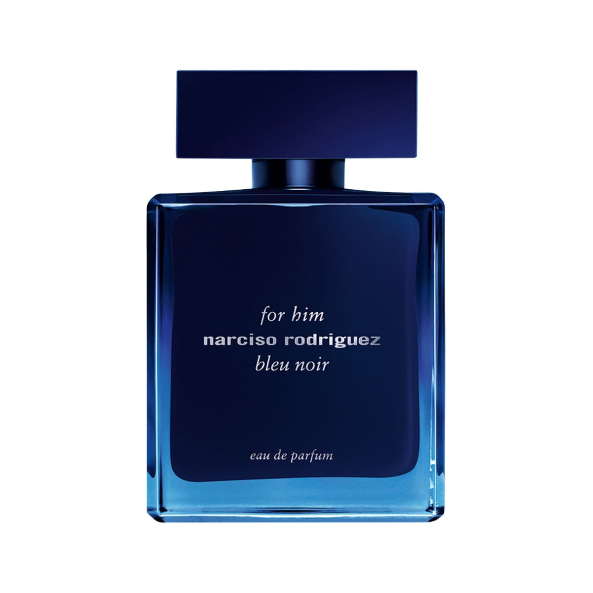Refect Beauty Narciso Rodriguez For Him Bleu Noir Eau de Parfum in a sleek dark blue glass bottle with a square cap.