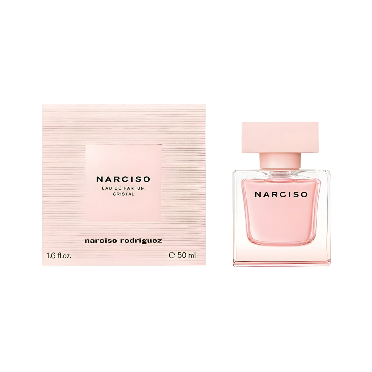 Refect Beauty Narciso Rodriguez Cristal Eau de Parfum bottle and matching pink textured box on a white background.