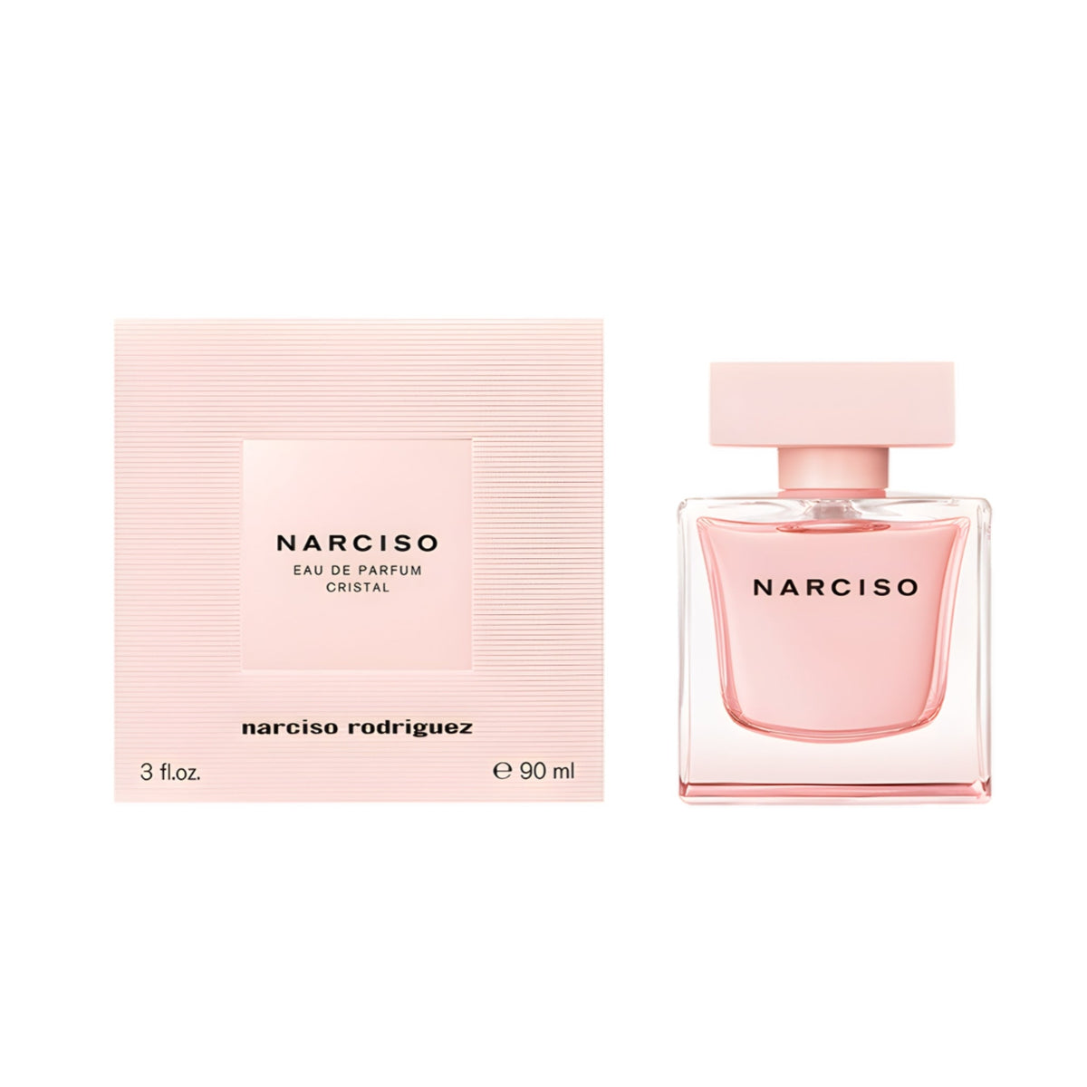 Refect Beauty Narciso Rodriguez Cristal Eau de Parfum bottle and light pink textured box on a white background