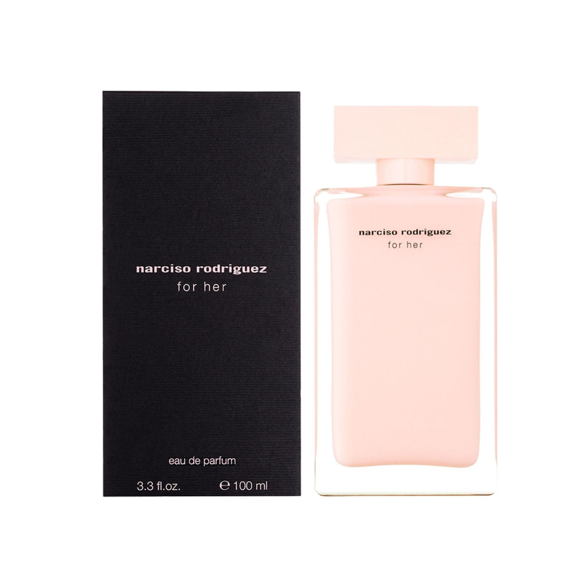 Refect Beauty Narciso Rodriguez For Her Eau de Parfum bottle and black box packaging with soft pink lacquer finish