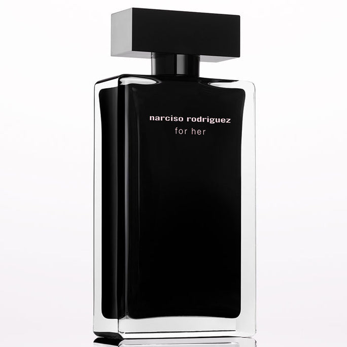 Refect Beauty Narciso Rodriguez For Her Eau de Toilette in a sleek black lacquered glass bottle with a square cap.
