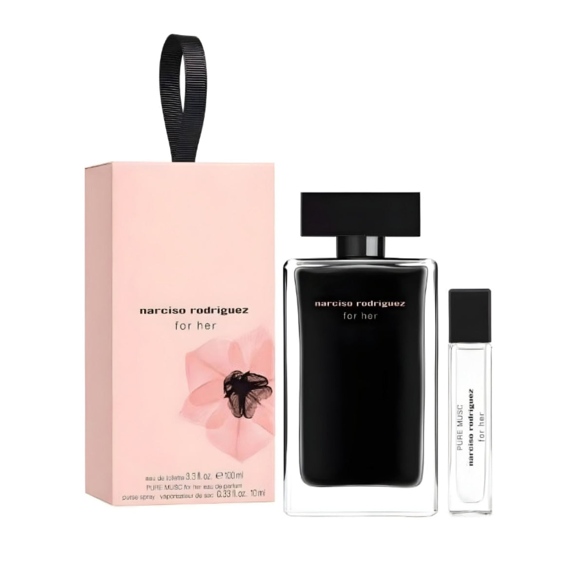 Refect Beauty Narciso Rodriguez For Her gift set with a 100ml perfume bottle and a 10ml travel spray in a pink box.