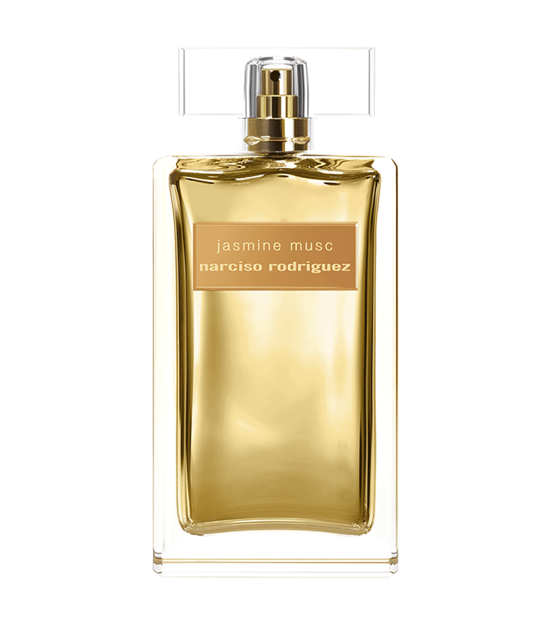 Refect Beauty Narciso Rodriguez Jasmine Musc Eau De Parfum Intense in a rectangular gold glass bottle.