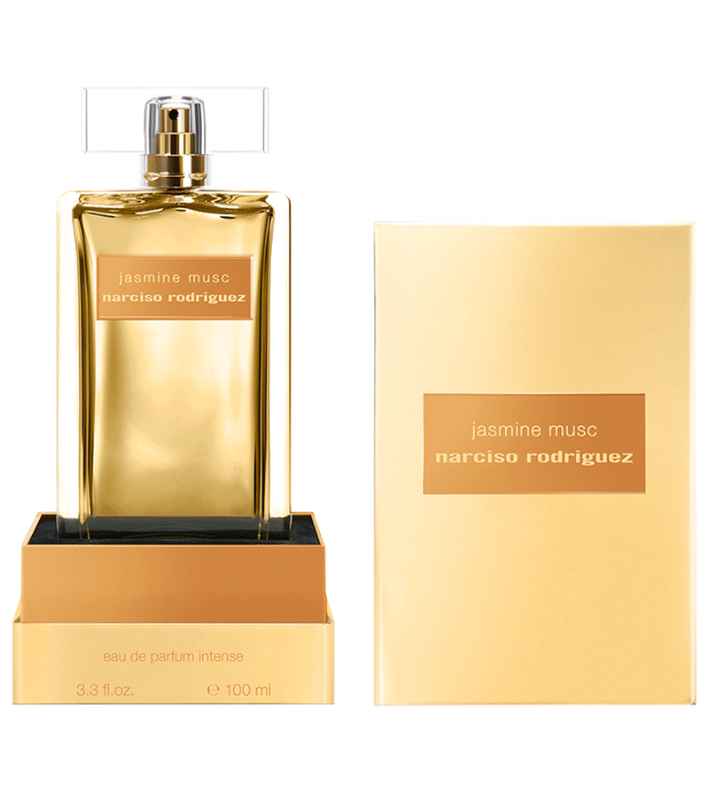 Refect Beauty Narciso Rodriguez Jasmine Musc Eau de Parfum Intense in a gold glass bottle with matching gift box.