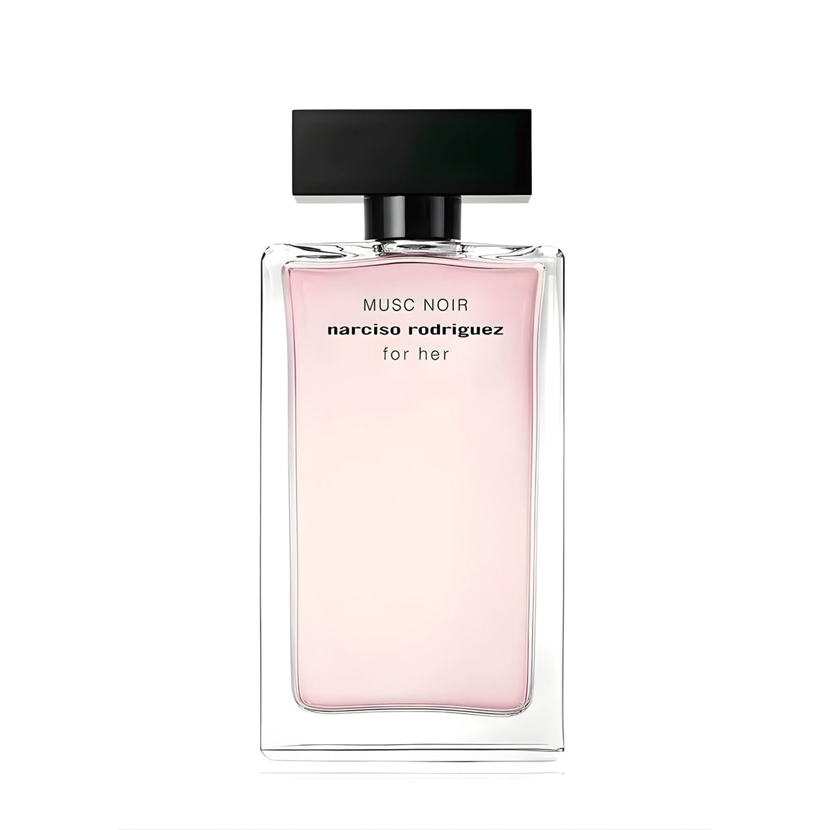 Refect Beauty Narciso Rodriguez Musc Noir for her Eau de Parfum in a transparent glass bottle with a soft pink hue.