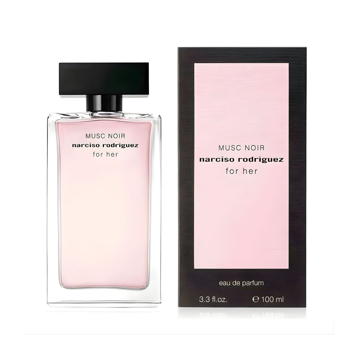 Refect Beauty Narciso Rodriguez Musc Noir Eau de Parfum bottle and box with pink liquid and black cap