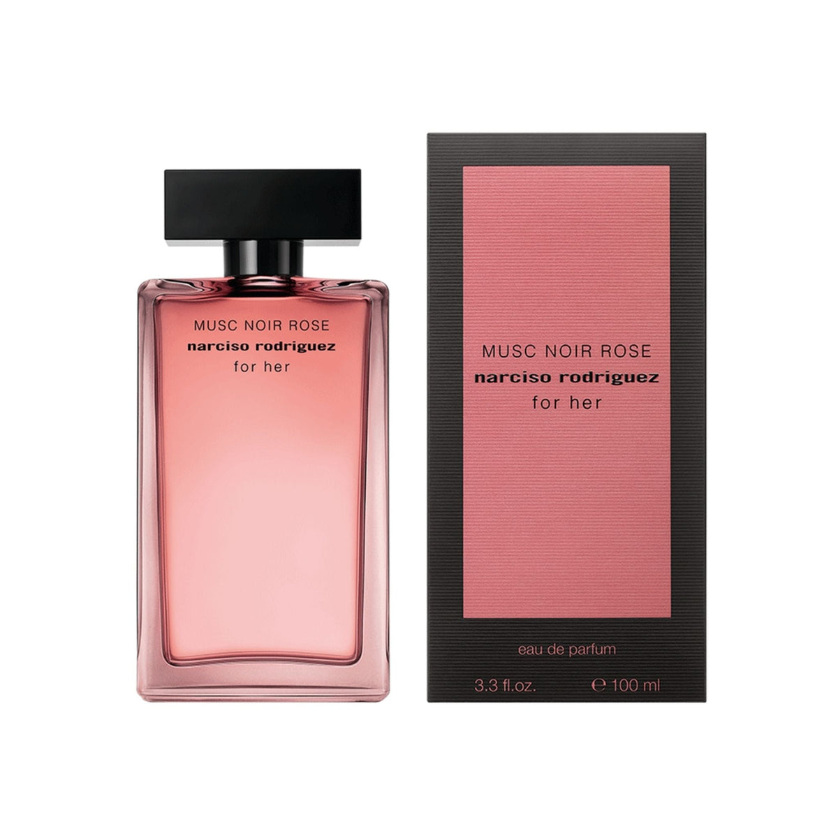 Refect Beauty Narciso Rodriguez Musc Noir Rose Eau de Parfum bottle and box featuring a soft pink glass design.