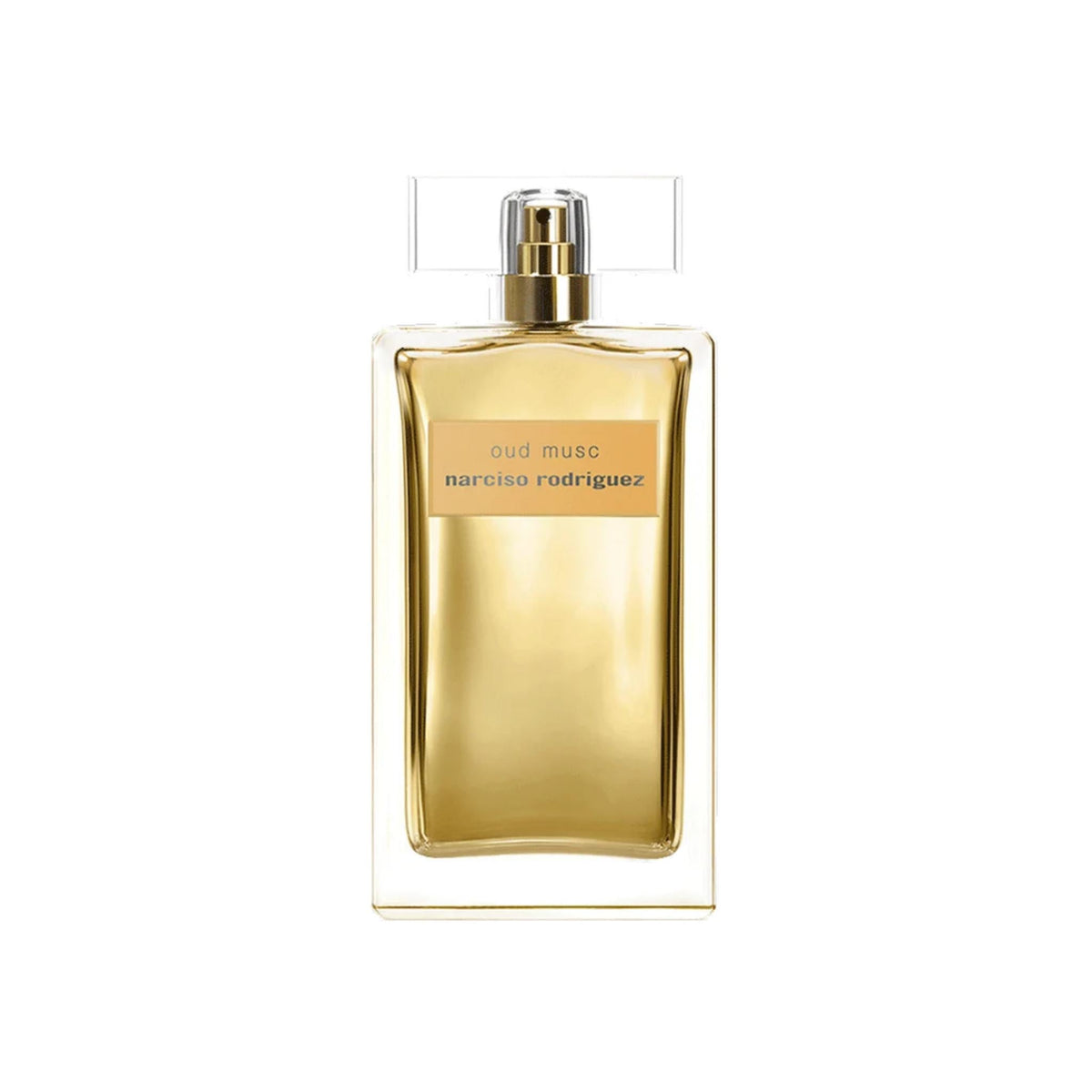 Refect Beauty Narciso Rodriguez Oud Musc Eau de Parfum Intense in a rectangular glass bottle with golden liquid.