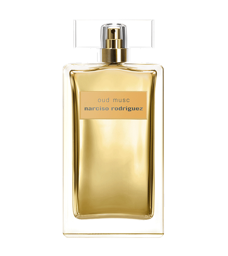 Refect Beauty Narciso Rodriguez Oud Musc Eau de Parfum Intense in a rectangular gold glass bottle with clear cap