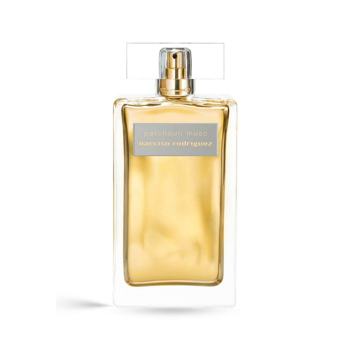 Refect Beauty Narciso Rodriguez Patchouli Musc Eau de Parfum Intense in a gold-tinted glass bottle with a clear cap.