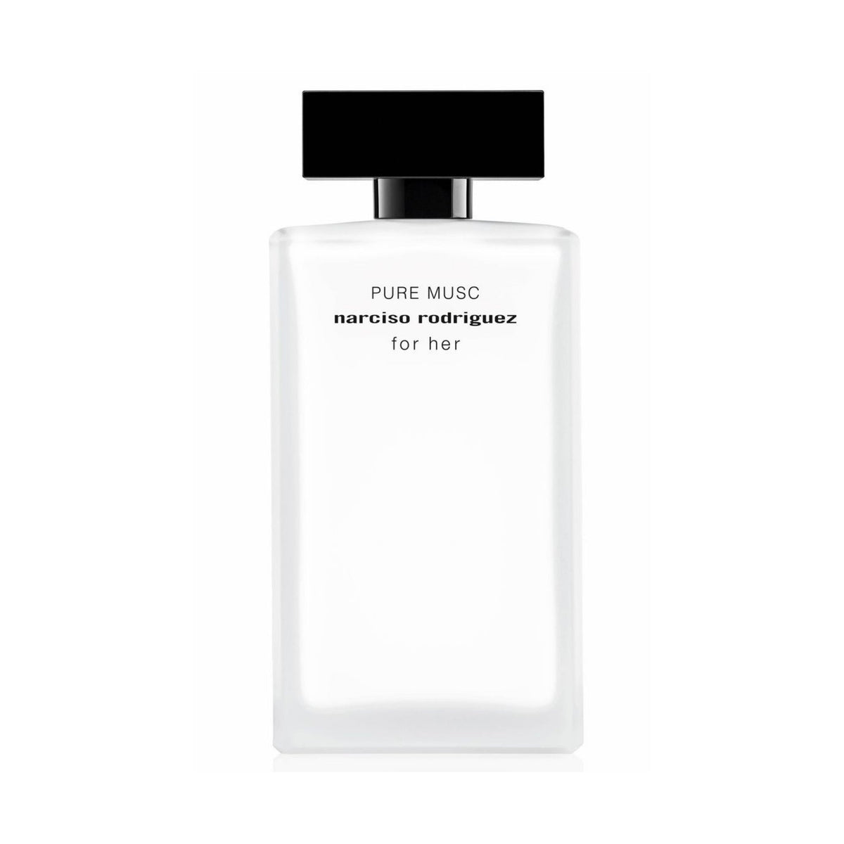 Refect Beauty Narciso Rodriguez Pure Musc Eau de Parfum in a minimalist frosted glass bottle with a black cap.