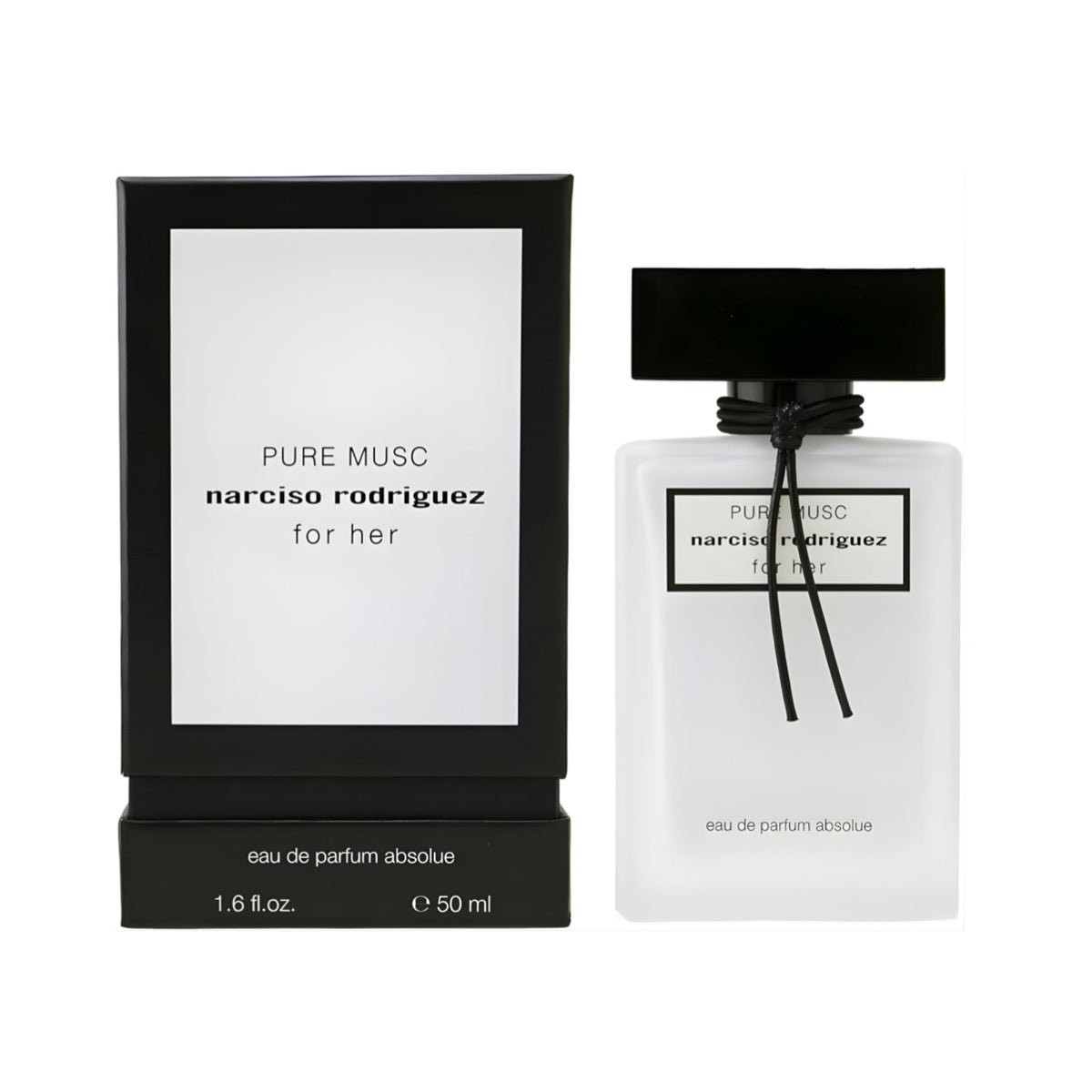 Refect Beauty Narciso Rodriguez Pure Musc Eau de Parfum bottle and black box packaging with minimalist white design.