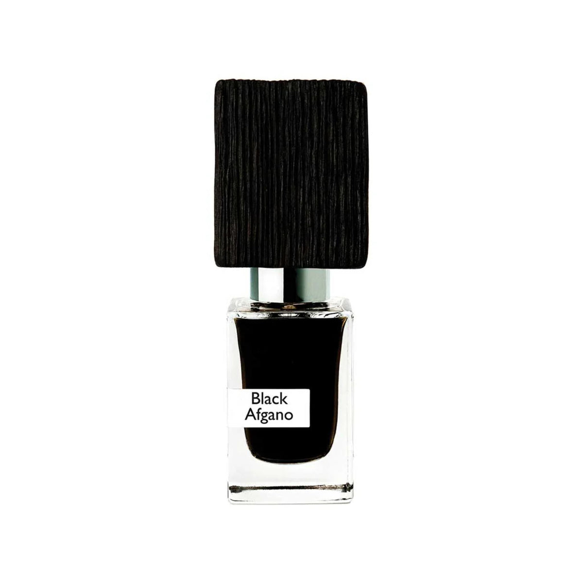Refect Beauty Nasomatto Black Afgano extrait de parfum in a clear glass bottle with a textured black wooden cap