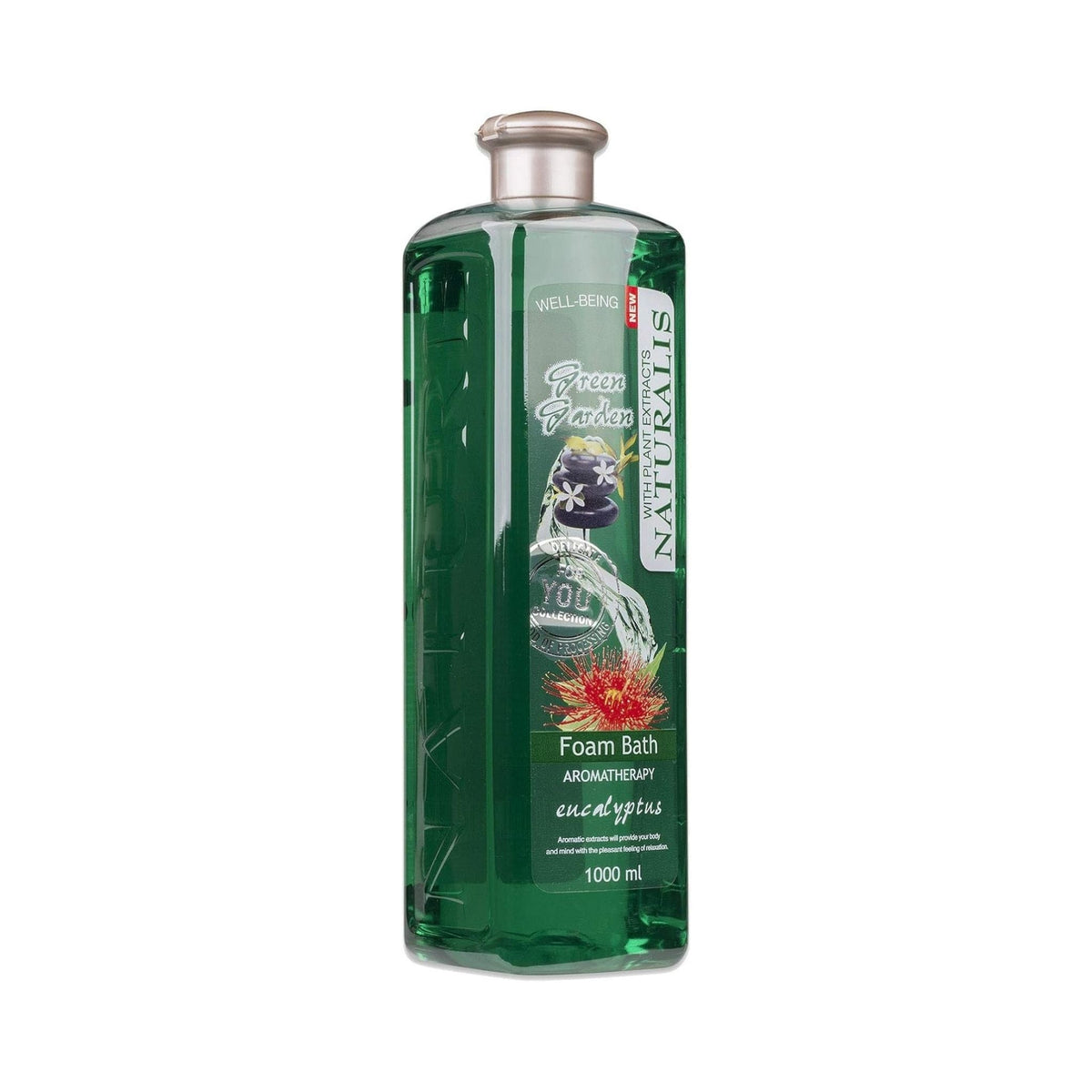 Refect Beauty Naturalis Green Garden eucalyptus foam bath in a 1000ml clear green bottle with a silver cap.