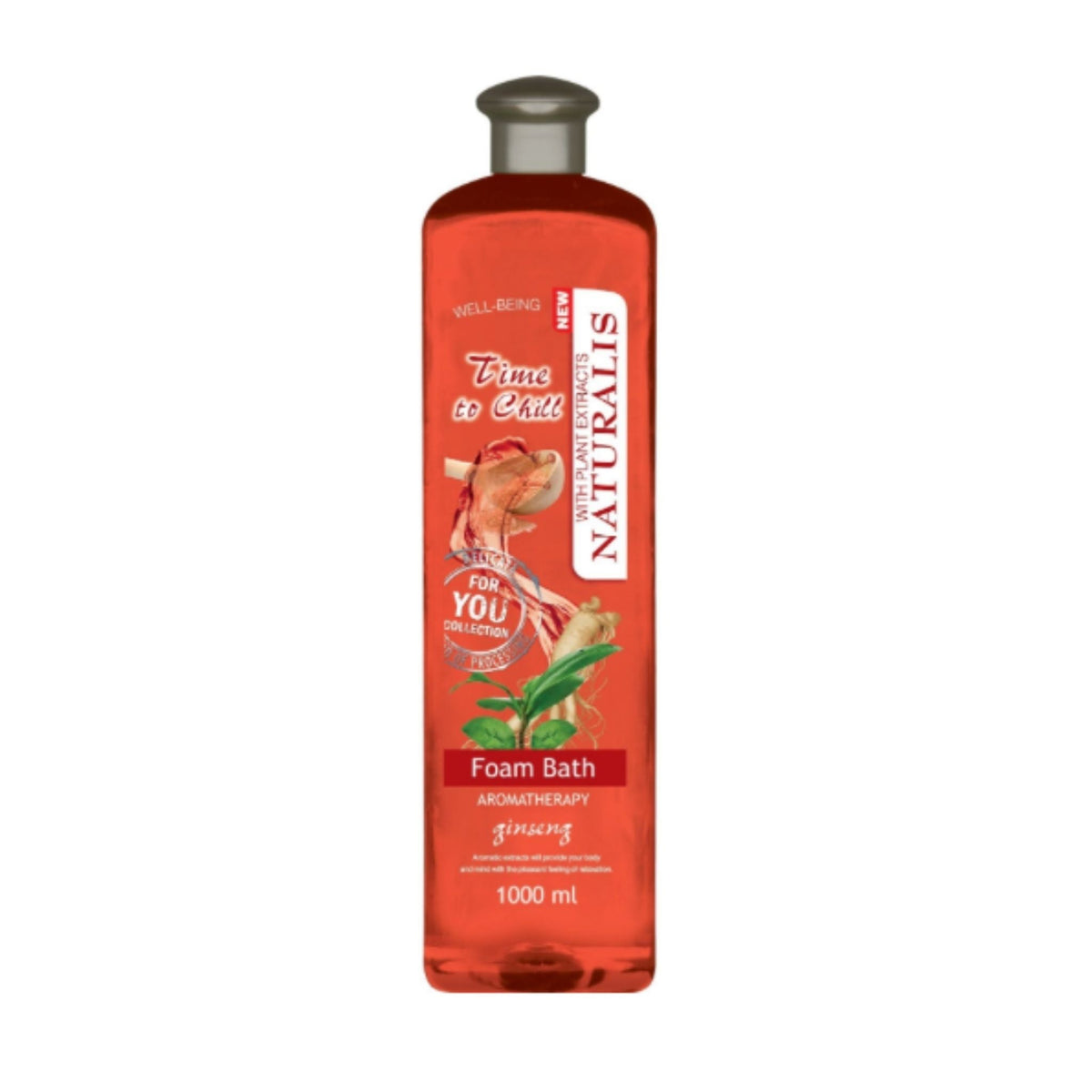 Refect Beauty Naturalis Time To Chill ginseng foam bath in a 1000ml clear bottle with red liquid.