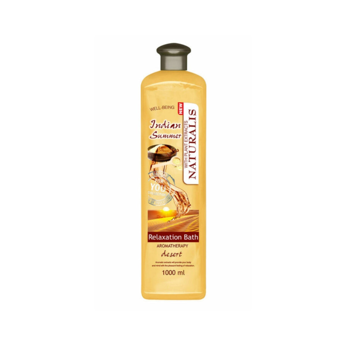 Refect Beauty Naturalis Indian Summer relaxation bath and shower gel in a 1000ml yellow bottle with desert imagery.