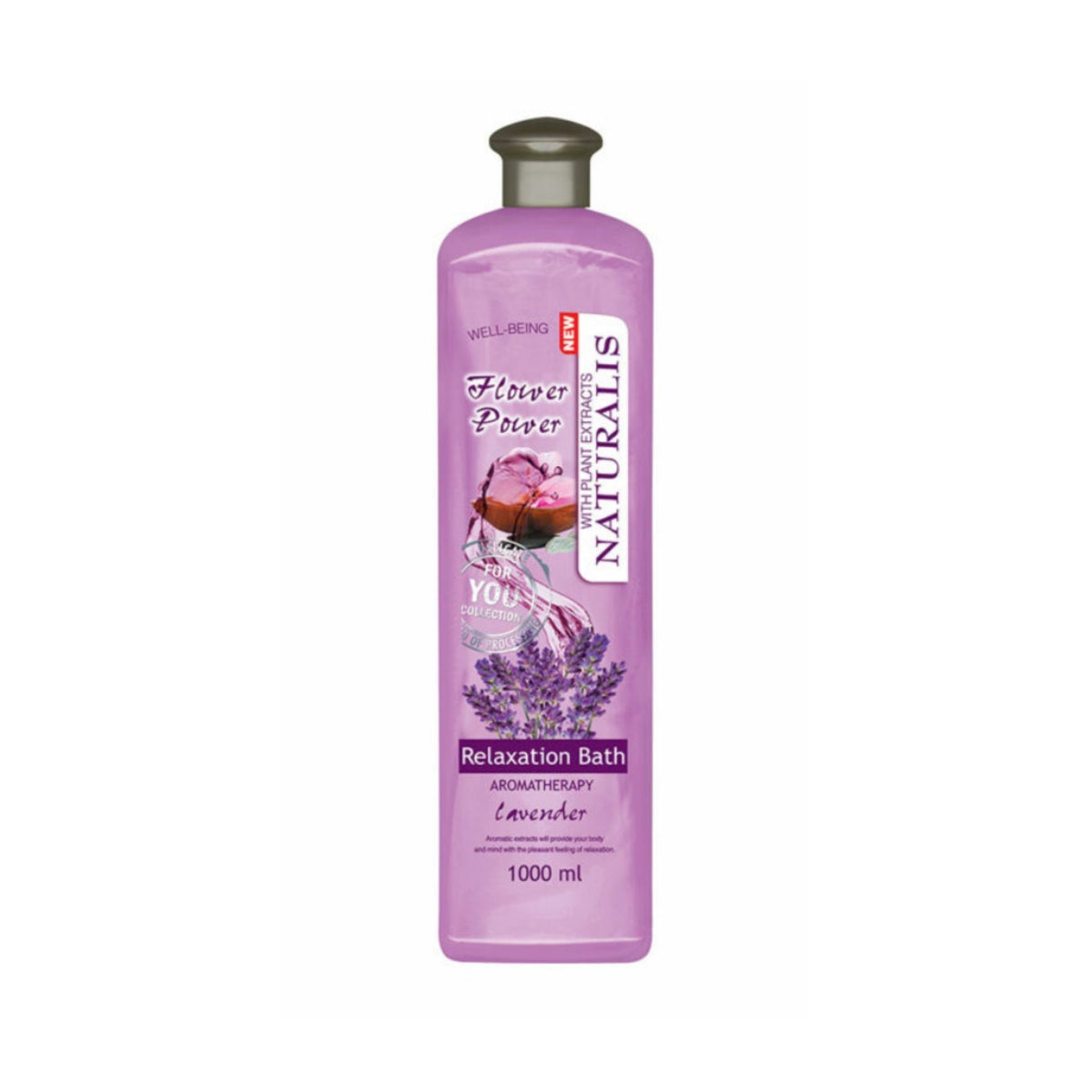 Refect Beauty Naturalis Flower Power lavender relaxation bath and shower gel in a 1000ml purple bottle.
