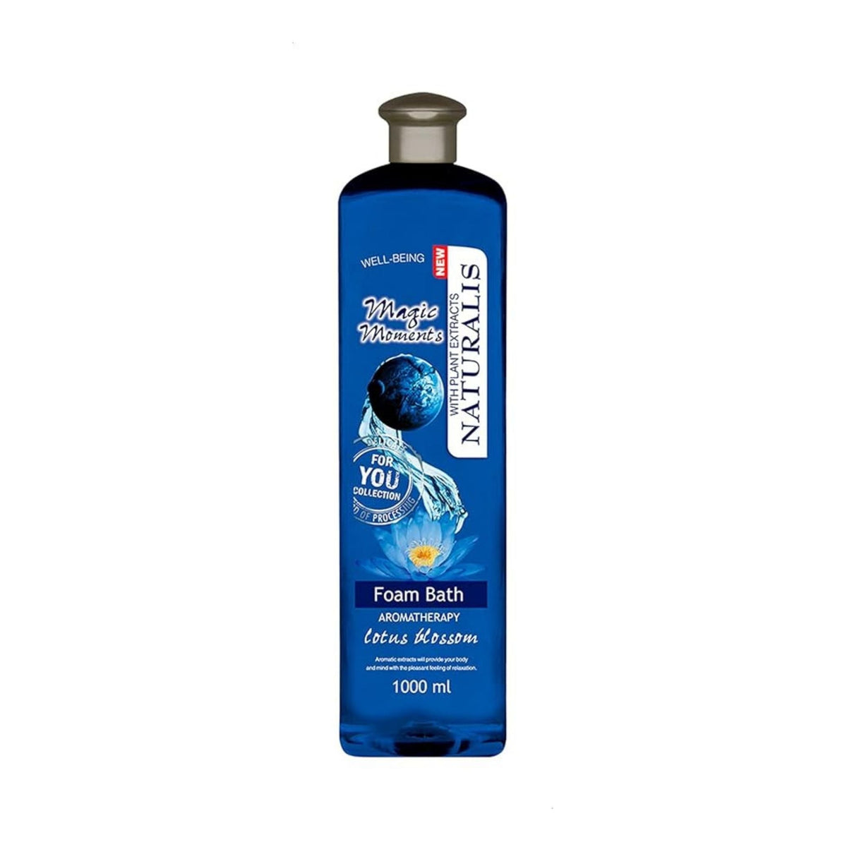 Refect Beauty Naturalis Magic Moments lotus blossom foam bath in a 1000ml blue bottle for a relaxing spa experience.