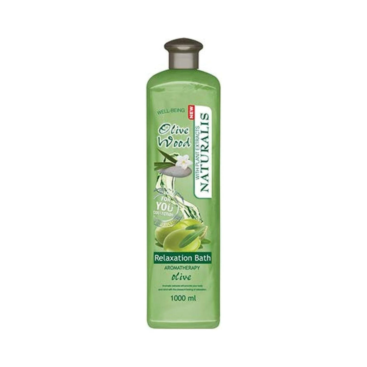 Refect Beauty Naturalis Relaxation Bath Olive Wood shower gel in a 1000ml green bottle with olive illustrations.