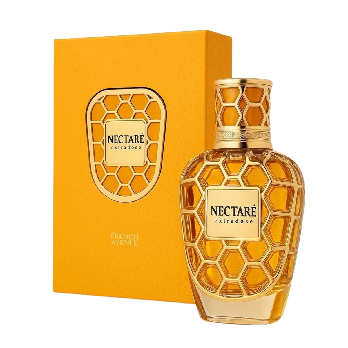 Refect Beauty French Avenue Nectare Extradose extrait de parfum bottle with a gold honeycomb design and yellow box.