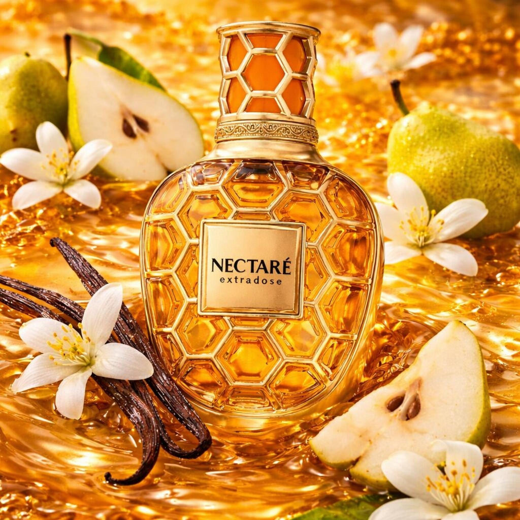 Refect Beauty French Avenue Nectare Extradose perfume bottle with honeycomb design, surrounded by pears and vanilla.