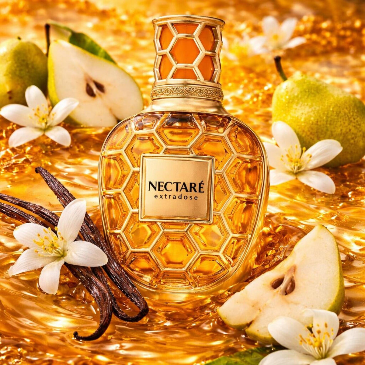Refect Beauty French Avenue Nectare Extradose perfume bottle with honeycomb design, surrounded by pears and vanilla.