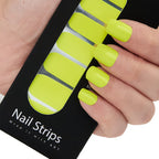 Refect Beauty Yolo Nail Strips in vibrant neon yellow, shown applied to fingers for a salon-quality manicure look.