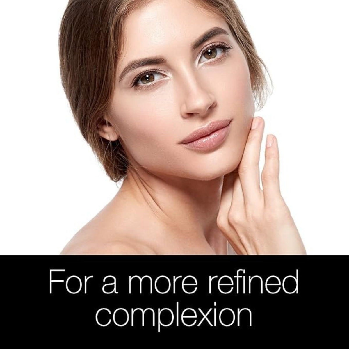 Refect Beauty model with clear, smooth skin promoting Neutrogena Blackhead Eliminating Facial Scrub for a refined look