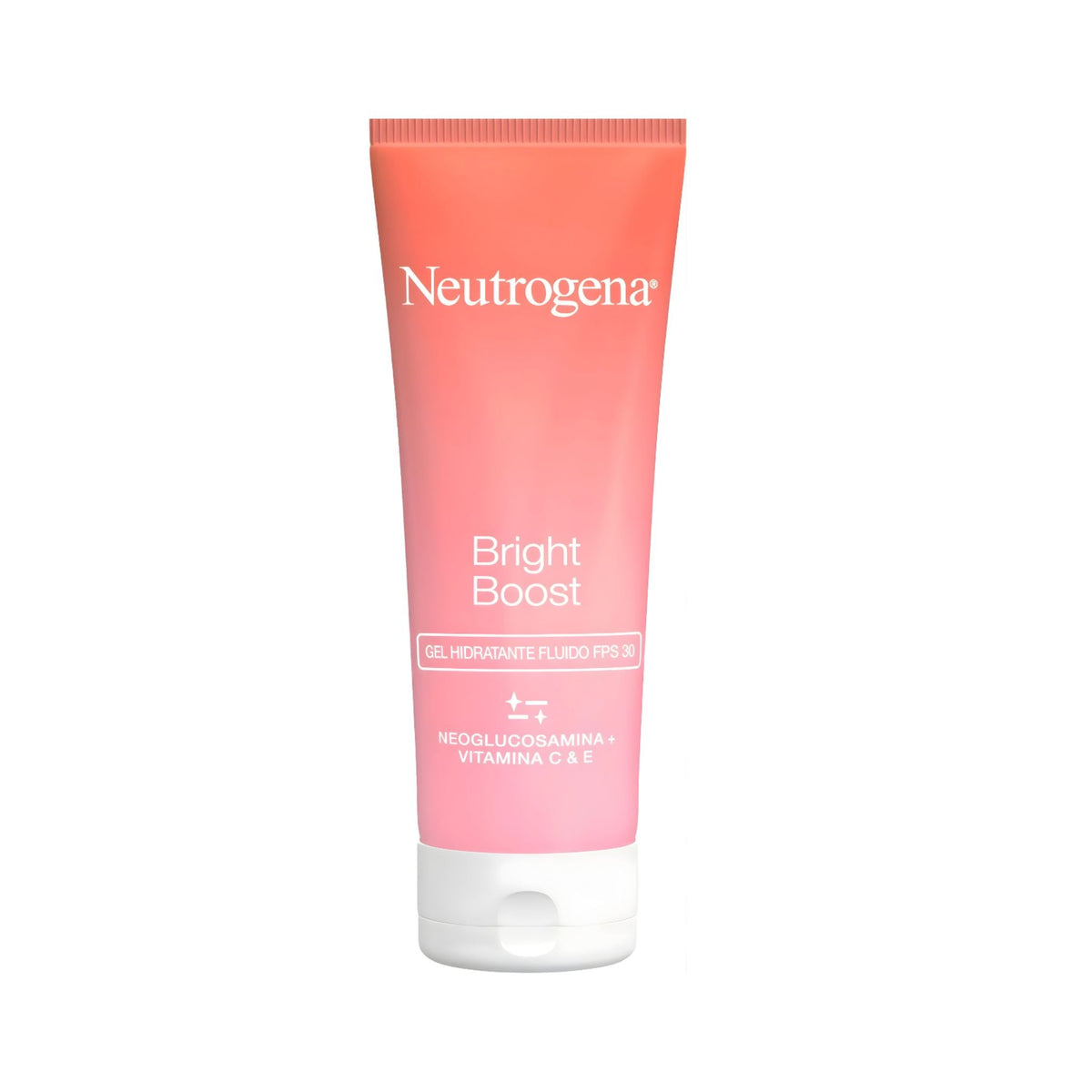 Refect Beauty Neutrogena Bright Boost SPF 30 gel fluid moisturizer in a coral tube for radiant skin.