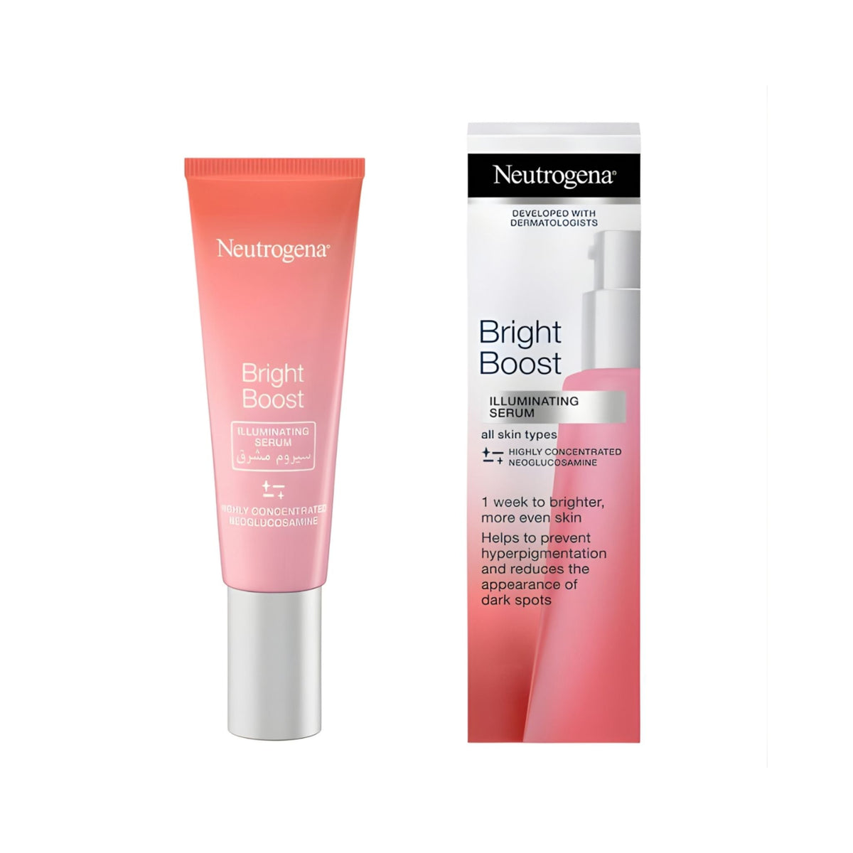 Refect Beauty Neutrogena Bright Boost Illuminating Serum tube and box for radiant skin and improved tone