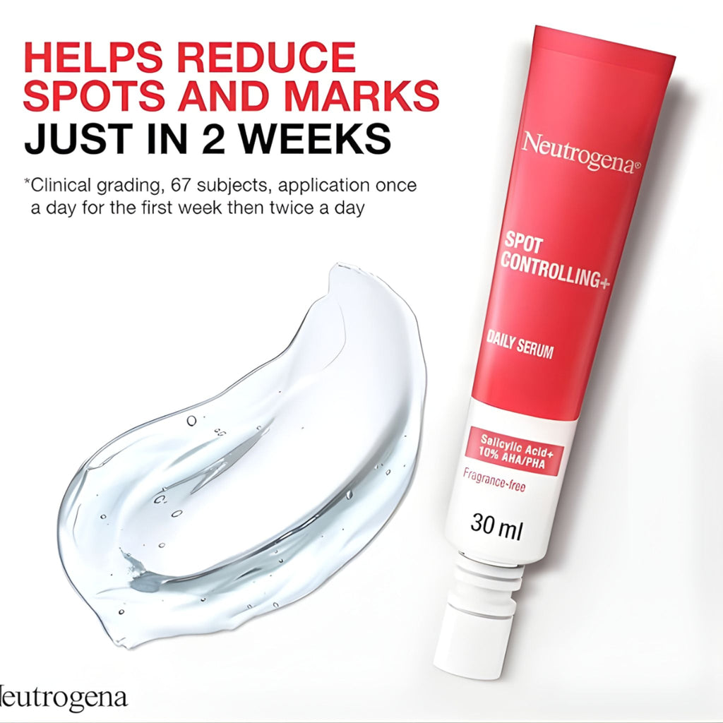 Refect Beauty Neutrogena Spot Controlling Daily Brightening Serum tube with clear gel texture swatch
